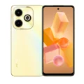 A close-up shot of the front and back of an Infinix Hot 40i smartphone in Horizon Gold color.