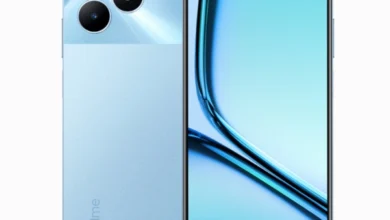 A close-up photo of a Realme Note 50 smartphone in the sky blue color.