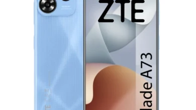 Blue ZTE Blade A73 smartphone with a dual-camera rear and a waterdrop notch display.