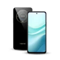 Black smartphone with a curved screen and a circular camera on the back. Text on the back says "NEXG" and "OCULUS".