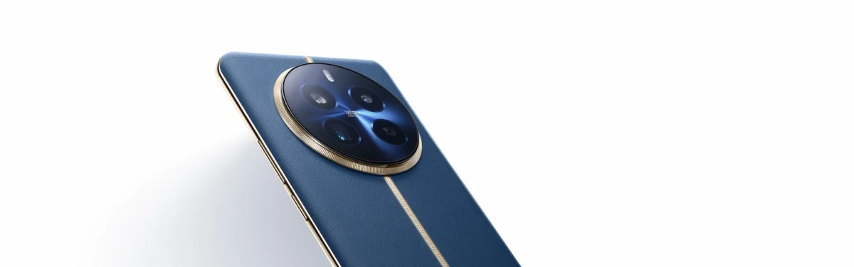 Close-up of the back of a blue and gold smartphone with a large, round camera lens in the center. The camera lens has a silver ring around it.